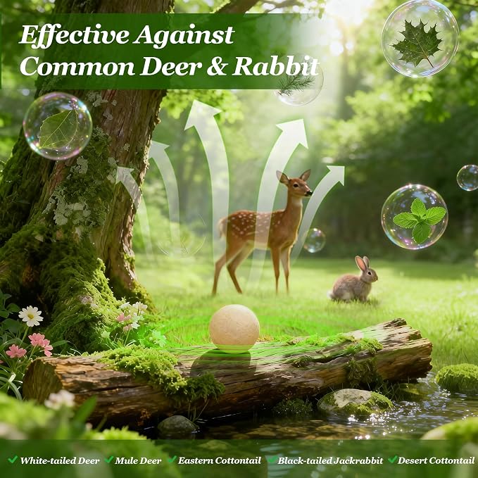 12 Pack Deer & Rabbit Repellent Balls-Deer Repellent, Rabbit Repellent Outdoor,Animal Deterrent for Garden, Yard, Trees & Plants-Long-Lasting 30-60 Days-Safe for Pets, Kids, Flowers & Vegetables