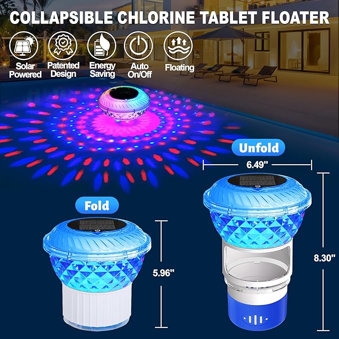 Pool Chlorine Floater with Marquee Light,Color-Changing Chlorine Floater with Button Control,Floating chlorines Dispenser for Pool,Adjustable Release Solar chlorines floaters for Hot Tub,Blue