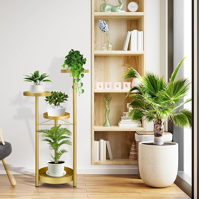 Matekxy Metal Plant Stand Indoor Outdoor 4-Tiper with 4 Flower Pot Holders Corner Tall Plant Shelves Multiplel Foldable Planter Rack Display Shelves for Livingroom, Bedroom, Office - Gold