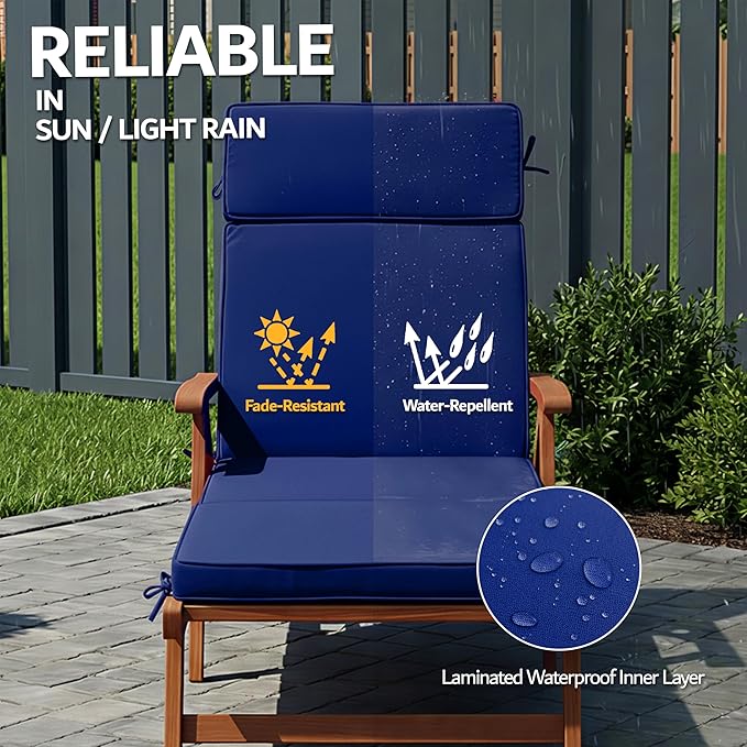72 x 21 Inch Outdoor Chaise Lounge Cushions Set of 4 - Removable Cover, 4-Section Design, Water-Repellent & Fade-Resistant, 6 Tie Straps, Replacement for Patio & Pool Chairs - Navy
