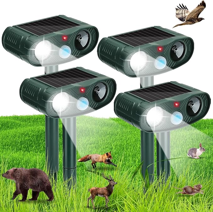 4-Pack Solar Ultrasonic Animal Repellent Outdoor: 2026 Upgraded Deer Repellent Devices & Cat Repeller for Yard, Motion Detection Squirrel Raccoon Dog Bear Deterrent with LED Flash Lights