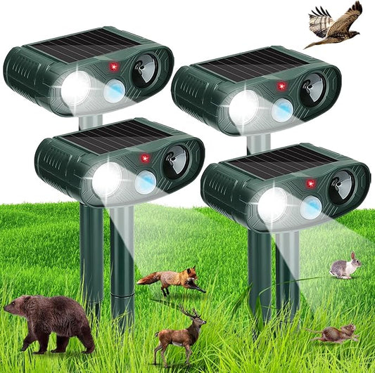 4-Pack Solar Ultrasonic Animal Repellent Outdoor: 2026 Upgraded Deer Repellent Devices & Cat Repeller for Yard, Motion Detection Squirrel Raccoon Dog Bear Deterrent with LED Flash Lights