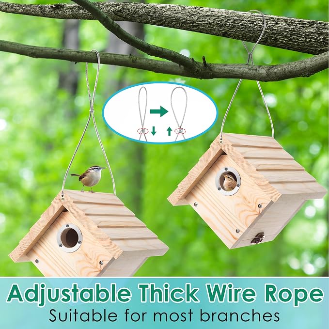 Dreyoo 4 Pack Wren House, 1-1/8'' Entrance Hole Hanging Wooden Wren Bird Houses for Outside with Metal Guard, Air Vents, Pine Wood for Chickadees (Wood)