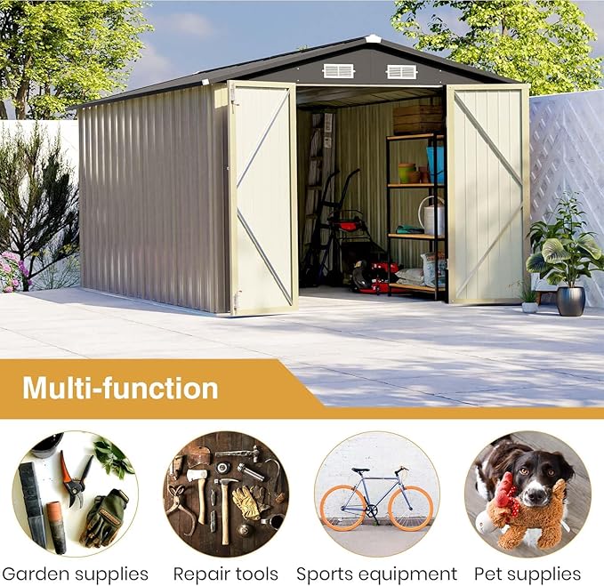 Patiowell 12 x 8 FT Outdoor Storage Shed, Large Metal Shed Storage with Lockable Doors and Steel Frame, Utility Tool Outside Storage Shed for Garden, Patio, Backyard, Brown