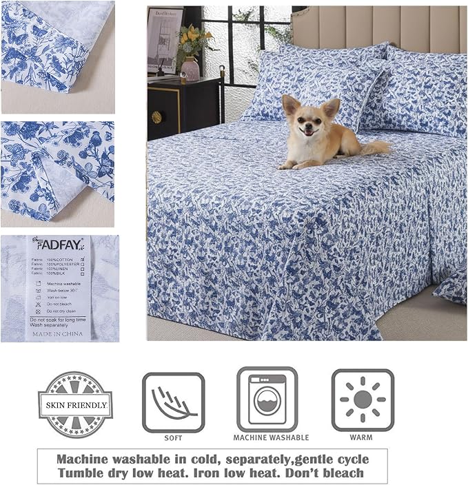 FADFAY Blue Toile Sheets Set Twin French Country Vintage Farmhouse Bedding Exotic Scenic Buttterfly Floral Bedding 100% Egyptian Cotton Soft Breathable Sheet Set with Deep Pocket Fitted Sheet 4Pcs