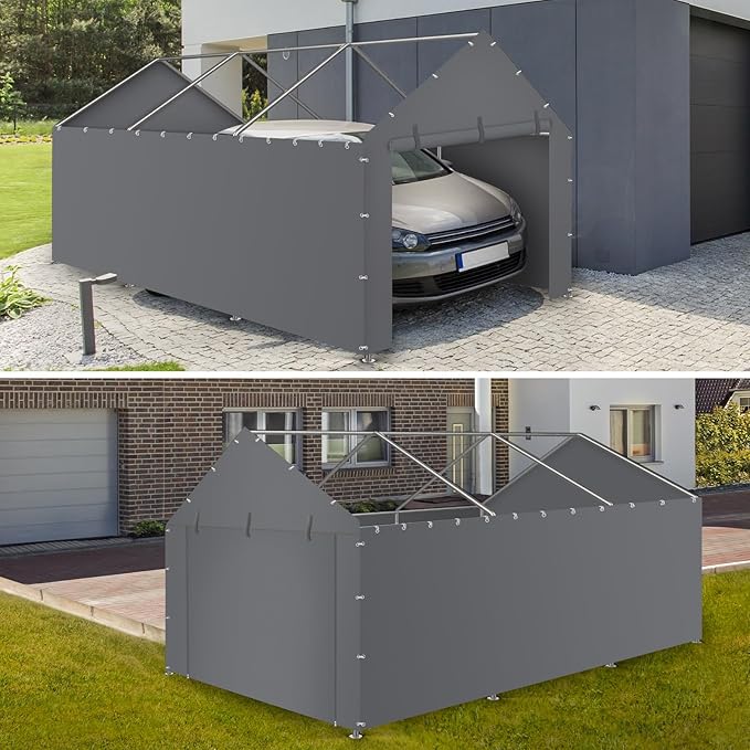 Carport Replacement Canopy Cover Sidewalls for 10x20x9.35FT Frame, Heavy Duty Garage Car Tent Shelter Tarp with Ball Bungees, Waterproof & UV Protected (Frame is not Included) (Grey)