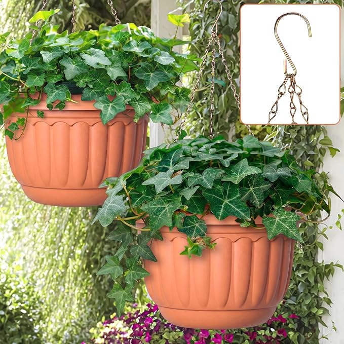 12 Sets Hanging Planters for Indoor and Outdoor Plants Self Watering Hanging Basket Flower Pots Plastic Plant Pots with Drainage Hole and Absorbing Tray(Terracotta,12 Inch)
