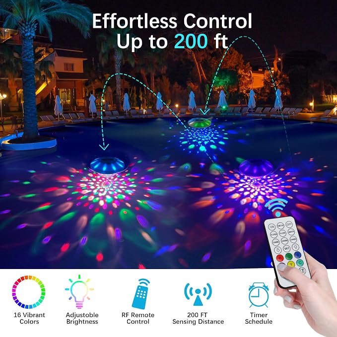Rechargeable Floating Pool Lights (2 Pack) - Pool Light that Float with Vibrant RGB Colors, IP68 Waterproof Pool Lights, Upper and Lower Color Changing Floating Led Lights for Pond, Bathtub and Party