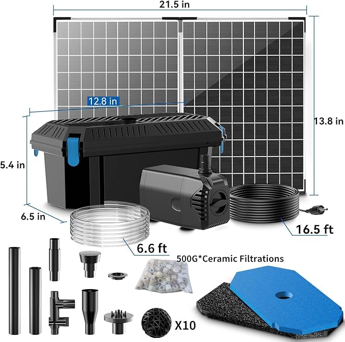 Antfraer 40W Solar Pond Pump with Filter Kit, Foldable Solar Panel & 3-Stage Filtration System, 4 Nozzles Pond Filter for Outdoor Ponds, Garden Waterfalls, Koi Ponds & DIY Water Features