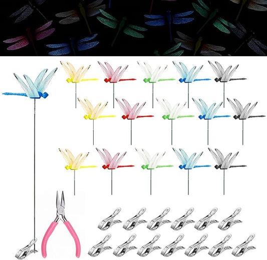 Jongdari 15PCS Luminous Dragonfly Hat Clip Realistic Fake Dragonflies Clip-On Garden Outdoor Decor Stakes, DIY Dragon Fly Clips Plant Decorations for Pots, Includes Pliers & Clips - Small