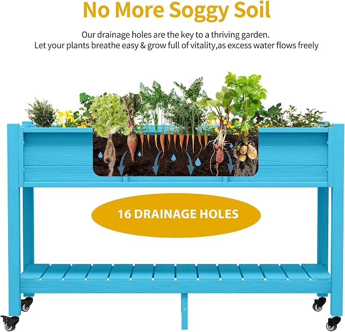 DWVO 47x18x31in Raised Garden Bed HDPE, Weather-Resistant Poly Wood Planter Box Stand, Planter Box with Legs, Storage Shelf & Lockable Wheels, Elevated Garden Bed for Backyard Patio - Aruba Blue