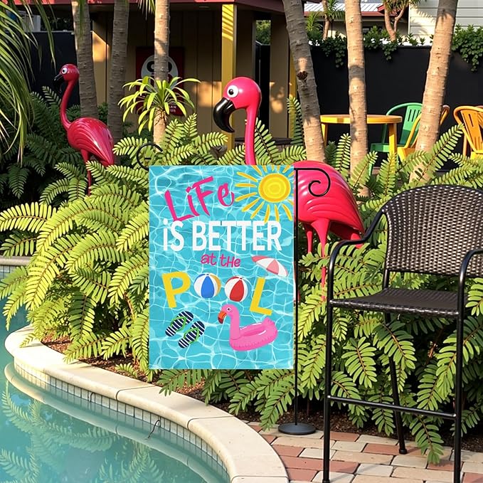Life Is Better at the Pool Garden Flag Summer Pool Party Outdoor Decor Double Sided Swimming Pool Flags Flamingo Beach Ball Sunshine Yard Banner Lawn Patio House Poolside Decor 12x18 Inch