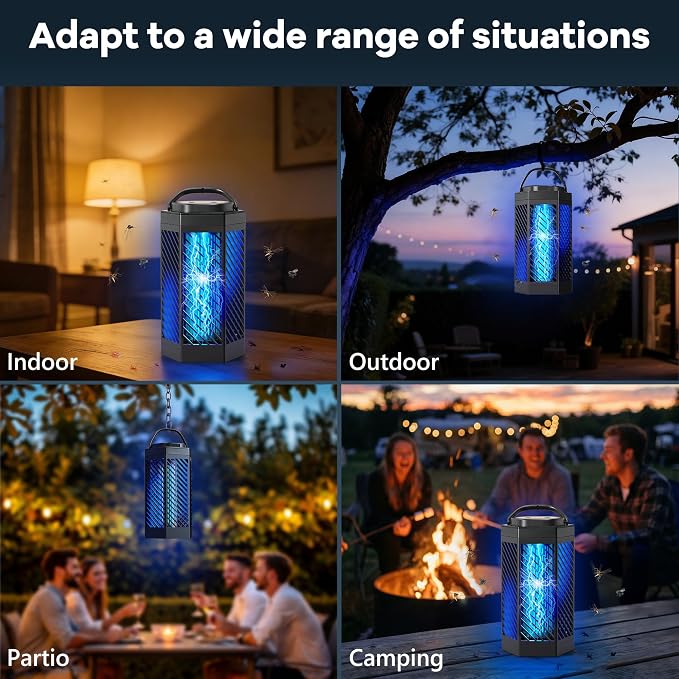 Rechargeable Bug Zapper Outdoor Indoor, 8000mAh Electric Mosquito Zapper with LED Night Light, 2 in 1 Portable & Cordless Bug Zapper Outdoor Waterproof, Wireless Hanging Fly Zapper for Camping Patio