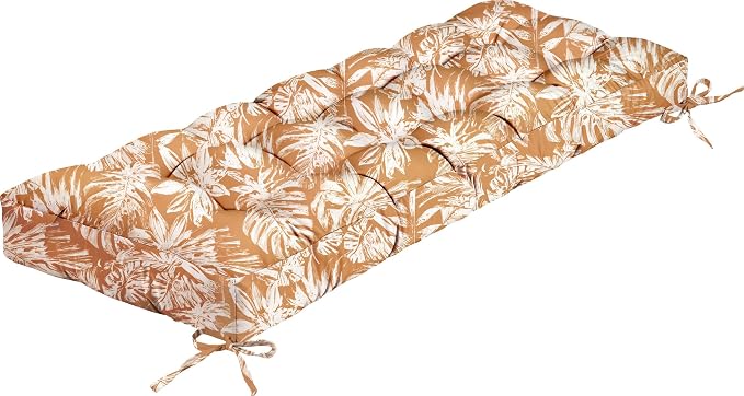 Outdoor Bench Cushion, Tufted Patio Seat Pad for Garden Bench, Porch Swing, Indoor/Outoor Furniture (Brown White Leaf, 48X18X4 inch)