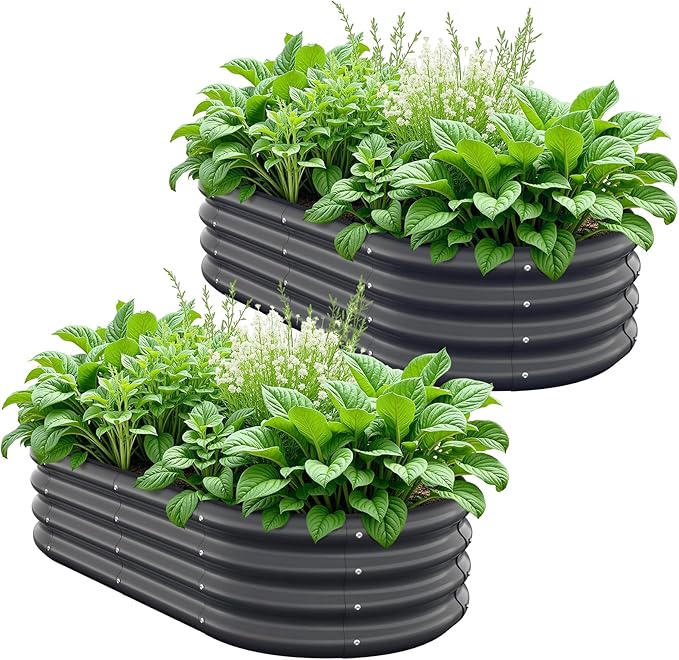 Galvanized Steel Raised Garden Beds, 4x2x1ft-2PCS for Lightweight Planter Boxes Outdoor with Easy Assembly, Oval Large Gardening Box for Vegetables, Fruits, Flower,Black
