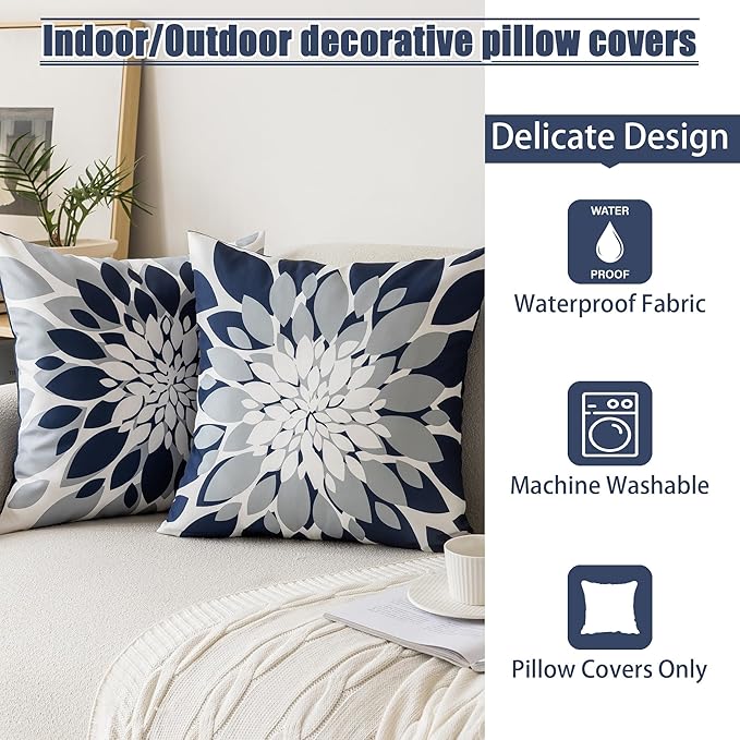 Qahing Pack of 4 Outdoor Waterproof Pillow Covers 16x16 Decorative Outdoor Throw Pillows Garden Square Cushion Cases for Patio Furniture, Couch, Tent Sunbrella, Bench, Navy Blue Grey