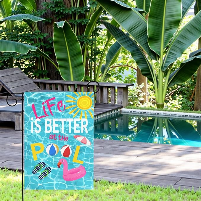 Life Is Better at the Pool Garden Flag Summer Pool Party Outdoor Decor Double Sided Swimming Pool Flags Flamingo Beach Ball Sunshine Yard Banner Lawn Patio House Poolside Decor 12x18 Inch