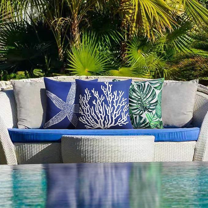 Adabana Spring Outdoor Waterproof Coastal Pillow Covers 18x18 Inch Set of 2 Nautical Starfish Coral Throw Pillow Covers Sunmmer Farmhouse Decorations for Beach Patio Sofa, Navy Blue