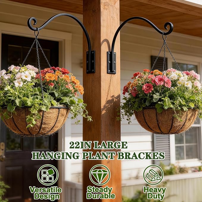 Heavy Duty 22 Inch Plant Hangers Bracket Outdoor, 80lbs Weight Capacity-2 Pack Metal Wall Hooks for Hanging Plants, Bird Feeder, Wind Chime, Wall Decor, Plant Hanger Hooks for Hanging Flower Baskets