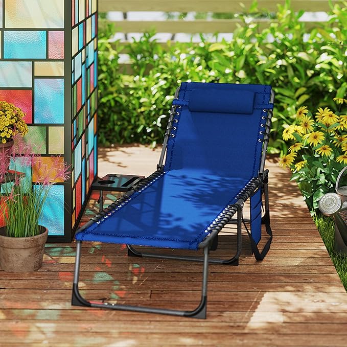 Outsunny Folding Chaise Lounge Chair Outdoor Tanning Chair with Side Table, 5-Level Adjustable Beach Lounge Chair with Headrest, Side Pocket for Patio, Backyard, Beach, Poolside, Dark Blue