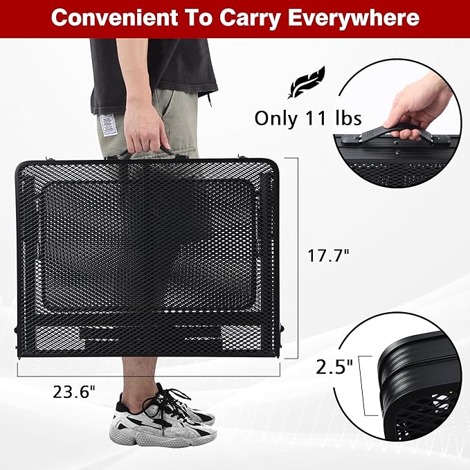 JOUYEK Folding Grill Table, 3x2 FT Portable Camping Table with 2 Wing Panels, Height Adjustable Metal Tables with Mesh Desktop and Mesh Bag, Outdoor Furniture for Camping, Picnic, Beach and BBQ, Black