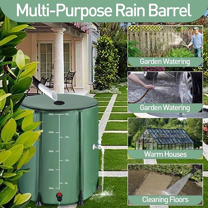 53 Gallon Collapsible Rain Barrel with Zipper Open and 12 Poles | 200L Protable Rainwater Collection System Kit,1000D Oxford,Rain Catcher Barrel for Outdoor Garden Camping
