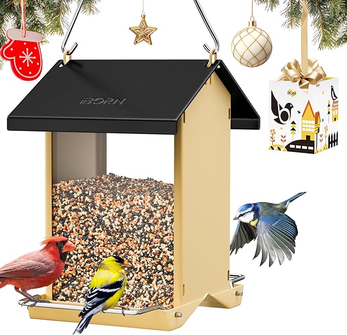 iBorn Bird Feeders for Outdoors,Bird Feeder with Weatherproof Metal Roof & 8 Drain Holes,Fully Detachable Birdfeeder Design,Easy Clean & Refill,Chew-Proof PC Windows,3.2 Lbs Capacity,Black Roof