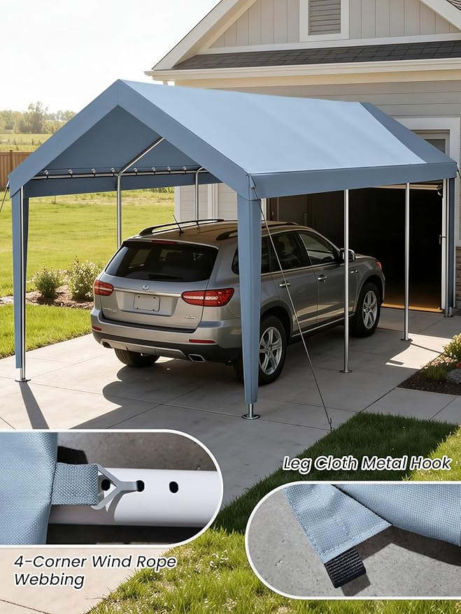 10 x 20 Ft Carport Replacement Cover, Heavy Duty Outdoor Car Tarp Canopy, Waterproof & UV Protected Tear Oxford Tarp with Ball Bungees (Frame is Not Included)
