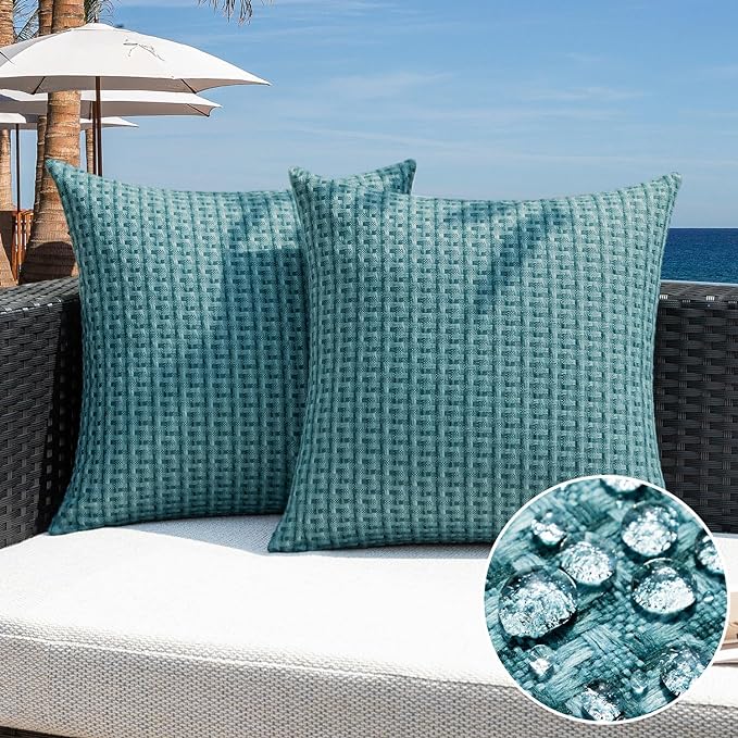 Kevin Textile Outdoor Waterproof Throw Pillow Covers Pack of 2 Farmhouse Decorative Cushion Covers for Garden Patio Tent Balcony Bench Couch Sofa 22x22 Inch, Teal