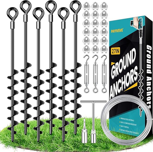 27" Ground Anchors Heavy Duty Shed Anchors Kit, Mobile Home Anchor with 3/16" Galvanized Cable and Turnbuckles for Sheds Canopy Gazebo Trampoline Swing Set(6x27in)