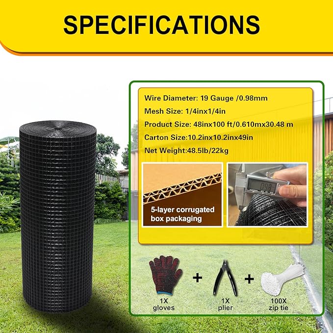 Black Hardware Cloth 1/4inx48inx100ft, Chicken Wire Fencing, 19Gauge, Vinyl PVC Coated Mesh, Welded Wire mesh, Perfect for Gopher Wire, Rodent Mesh, Tree Guard, Chicken Coop