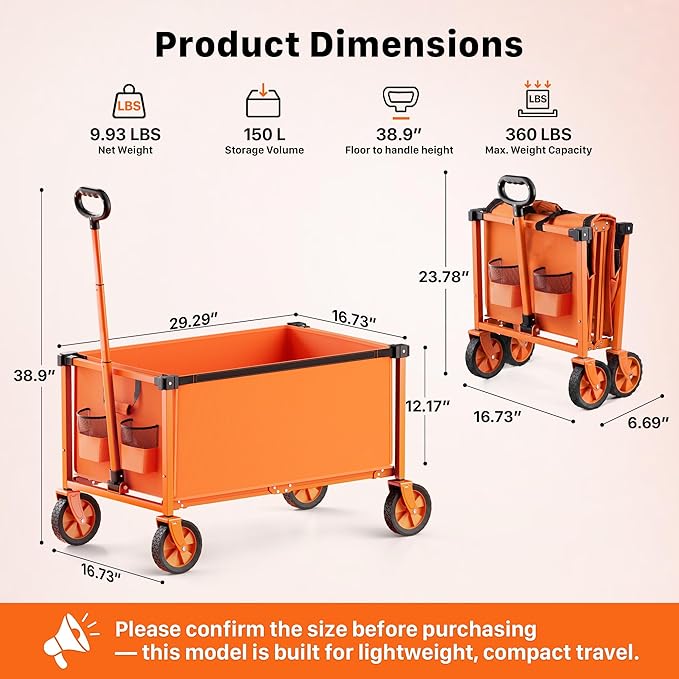 Collapsible Wagon Cart with Wheels, 150L Lightweight Foldable Utility Cart, Portable Rolling Wagon for Garden, Shopping, Sports, Camping, Transport, Tangerine