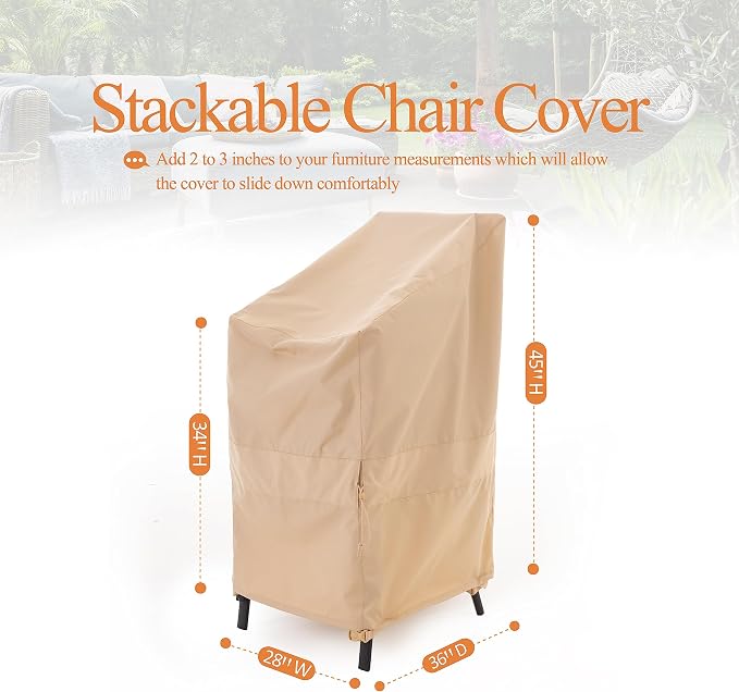 WJ-X3 Stackable Patio Chair Cover, Heavy Duty, Wind Resistant and Waterproof Outdoor Lawn Patio Chair Covers, 28W x 36D x 45H, (4-6 Stacked Chairs), Beige, 1-Pack