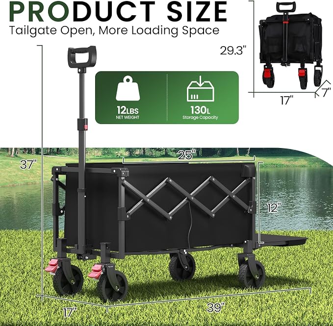 Collapsible Wagon, Foldable Wagons with Extended 40" L, Folding Wagon with Tailgate, Portable Lightweight Utility Wagons for Grocery, Shopping, Camping, Garden, Sports, Black D