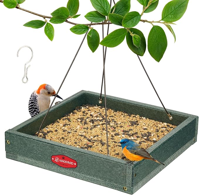 Kingsyard Platform Bird Feeder for Outdoors, Hanging Feeding Tray | Recycled Poly Lumber, Weatherproof, 11x11 Tray, Holds up to 3 lbs Seeds or Mealworms, Easy Clean & Refill, Green