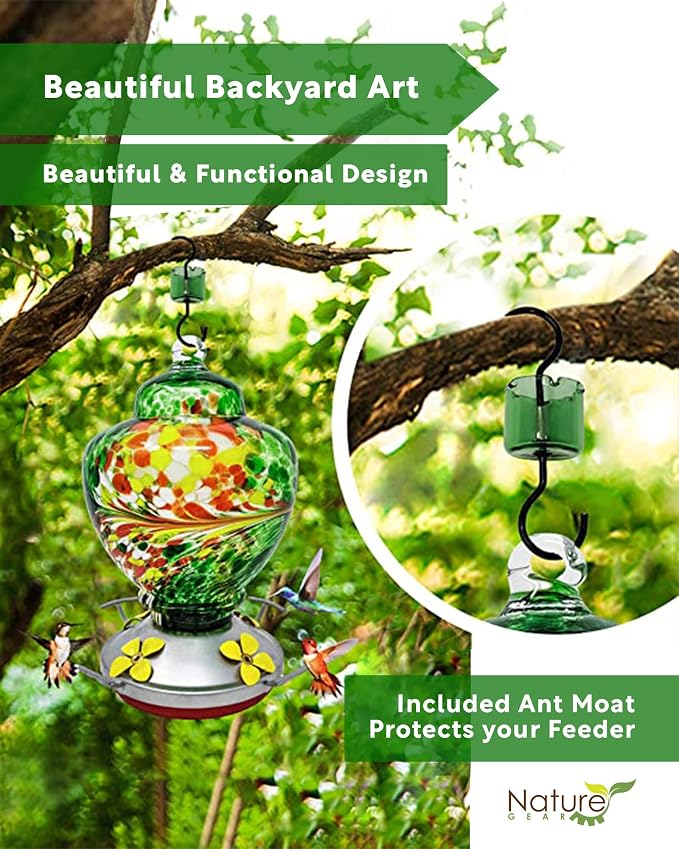 Nature Gear Glass Hummingbird Feeder for Outdoors, Hanging Bird Feeder with Ant Moat, Hand-Blown Glass Garden Feeder, Easy Clean Wide Mouth, Rust Resistant, 38 oz, Emerald Green