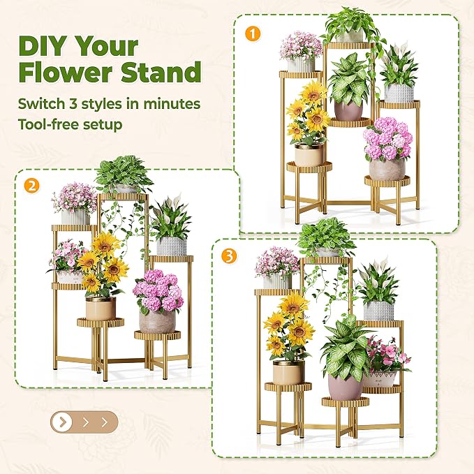 6 Tier Large Tiered Plant Stand Indoor, 7.9 Inch Wide Tall Corner Metal Plant Stands Outdoor for Multiple Plants, Folding Tall Flower Display Holder Rack Shelf for Patio Porch -GoldFloroma