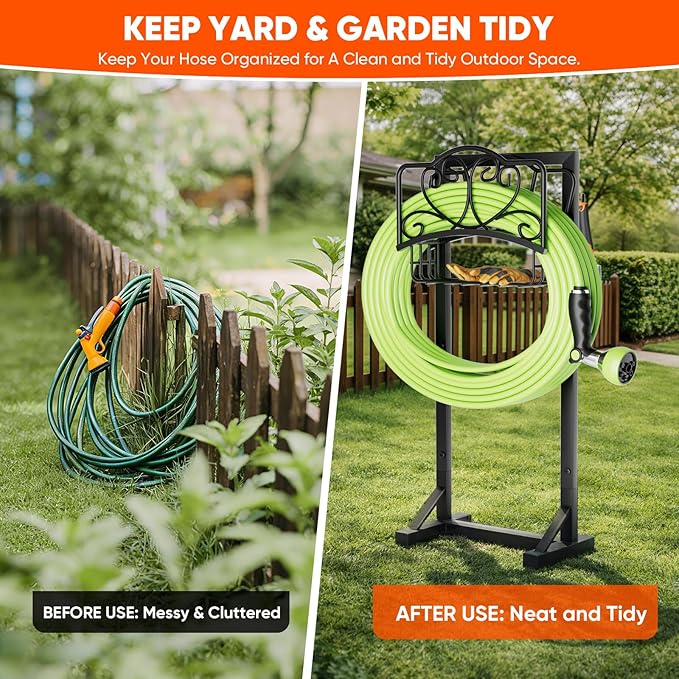 Stable Garden Hose Holder with Storage Basket and Tool Hooks, Heavy-Duty Garden Hose Storage Metal Hose Hanger Holds 160Ft, Rustproof Freestanding Water Hose Holder for Outside,Yard,Lawn,Farm