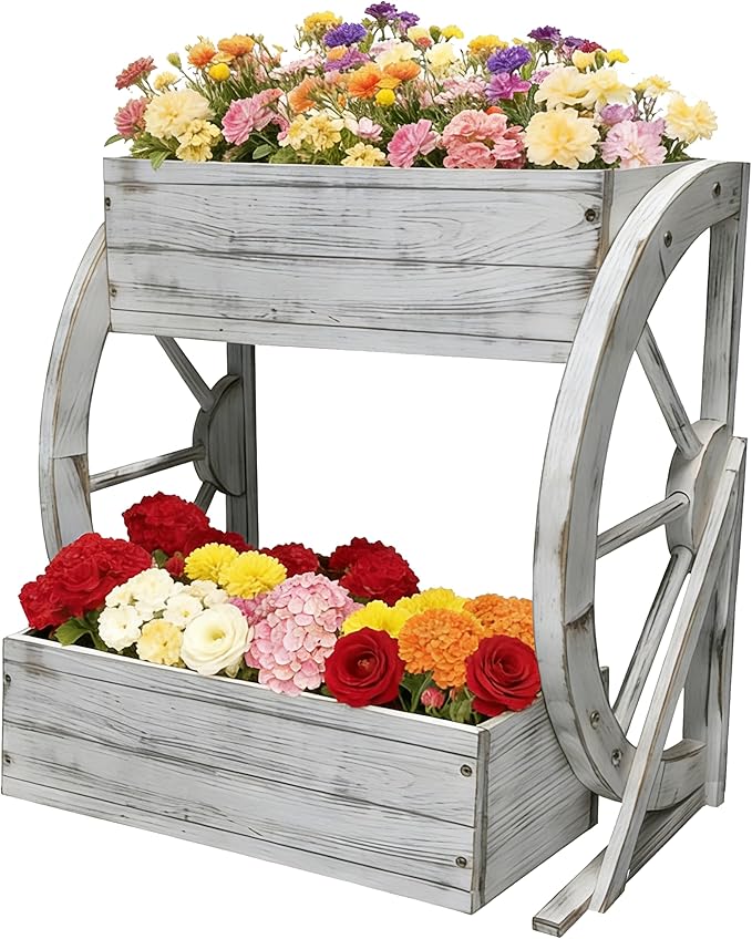 2 Tier Medium Wooden Wagon Planter Box|Outdoor Planter/Flower Pot for Indoor&Outdoor Plants-Rustic Garden Planter for Patio,Porch&Garden Decor-Raised Garden Bed for Succulents,Herbs,Vegetables