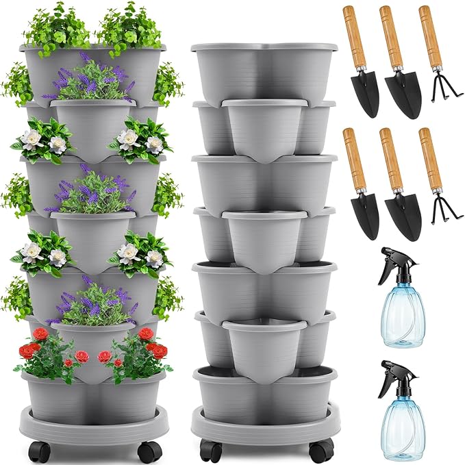 Umigy 1 Set Light Gray 7 Tier Stackable Vertical Planters with Removable Wheels and Tools Tower Planters Strawberry Herb Flower Vegetable Pots Indoor Outdoor Gardening Pots