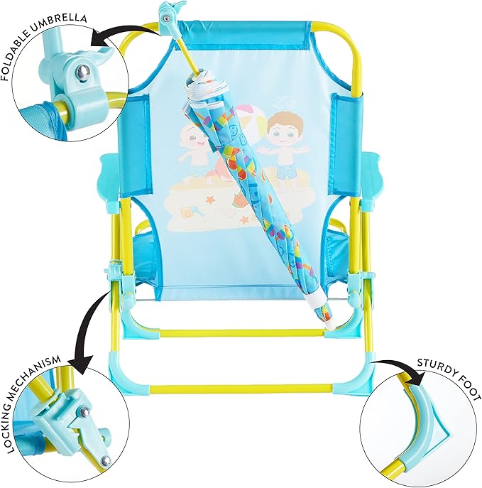CoComelon Kids Folding Beach Chair with Umbrella – Outdoor Portable Chair for Ages 3+, Lightweight with Safety Lock, Perfect for Beach, Park, or Backyard