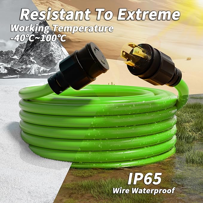 PlugSaf 15FT 30 Amp Generator Extension Cord 4 Prong, NEMA L14-30P/L14-30R 10 Gauge STW 125/250V Twist Lock Generator Cord Heavy Duty, Green ETL Listed