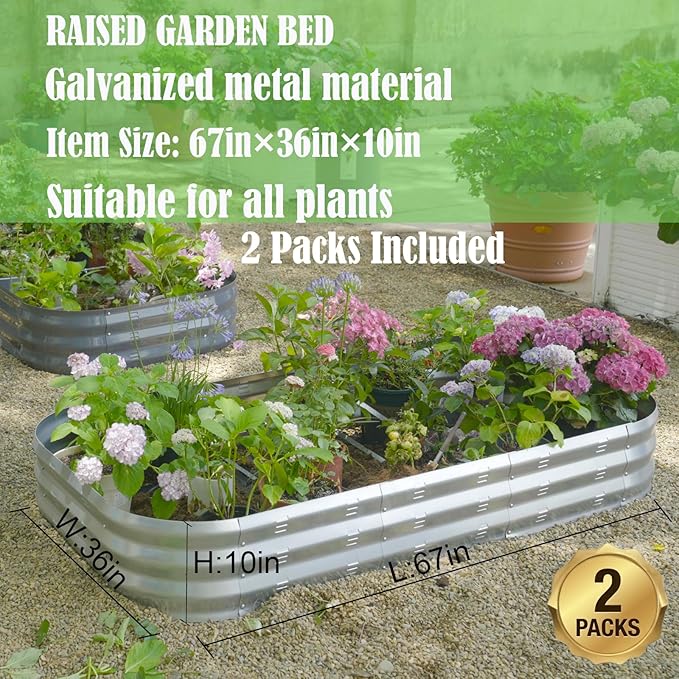Galvanized Raised Garden Bed Kit with 4 Internal Braces, 67x36x10in Large Metal Planter Raised Beds Outdoor, 0.8mm Thick Steel Outdoor Galvanized Planter with Vents, Silver (2PCS)