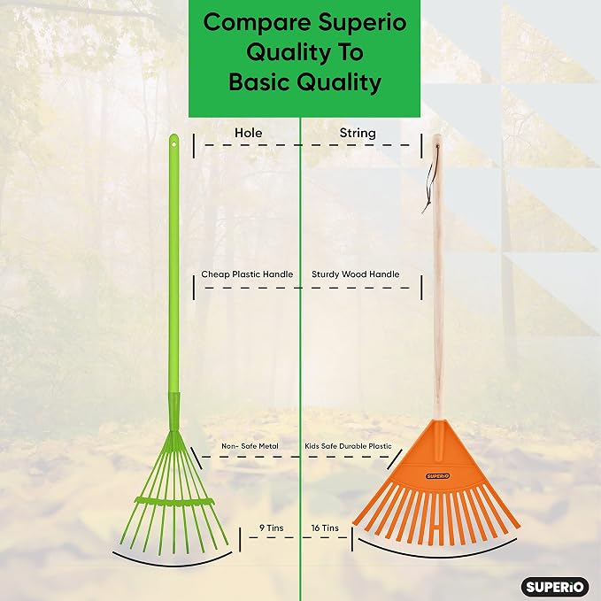 Superio Kids & Adult Rakes with Hardwood Handle, Durable Plastic Head to Sweep Leaves in Lawn and Tidying Up The Garden, Kids Size 34" Adult Size 61"