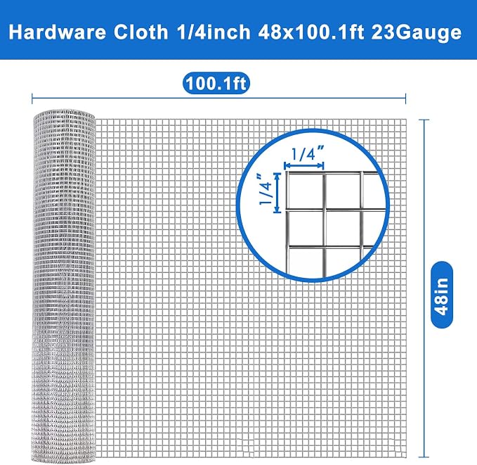 Hardware Cloth 1/4 in 48in x 100.1 ft 23 Gauge, Galvanized After Welding - Chicken Wire Fencing, Hot Dipped Galvanized Wire, Mesh Garden Fencing Welded Wire Mesh Roll