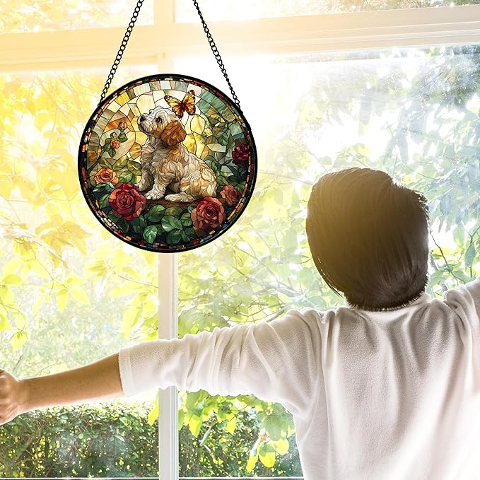 DASTOLL Stained Glass Window Hanging, Cute Dog and Flowers Suncatcher for Doors Home Butterfly Sun Catchers Decoration and Christmas, Mother's Day Birthday Gifts for Women, Men, and Mom 6.3 in