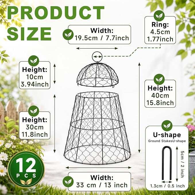 Sadnyy 12 Pack Garden Chicken Wire Cloche, 13" W X 15.7" H Plant Protectors and Covers, Wire Garden Cloches from Animals Metal Cage Plant Protection Strong and Not Easy to Deform