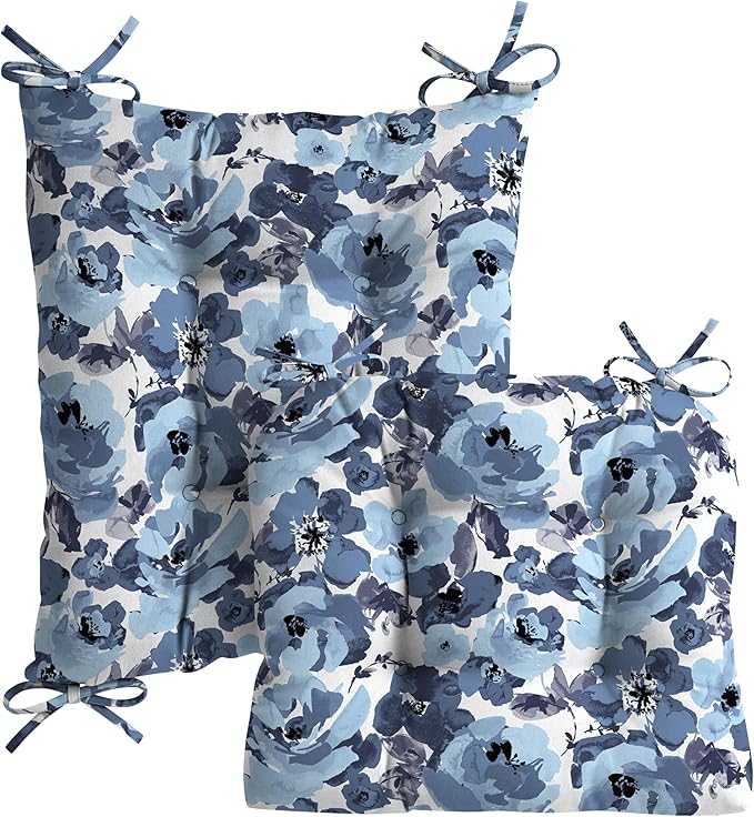 Arden Plush Indoor/Outdoor Rocking Chair Cushion Set, 18 x 20, Water Repellent, Fade Resistant, Tufted Cushion for Rocking Chairs Blue Garden Floral