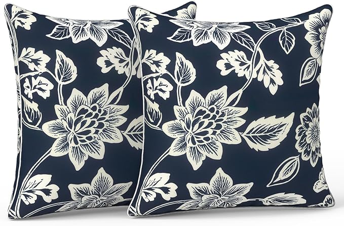LVTXIII Outdoor/Indoor Throw Pillows, Decorative Patio Accent Pillows, Fluffy Water Repellent Garden Cushions for Home Patio Coach Sofa Use, 20×20 Inch, Pack of 2, Elegant Vines Navy