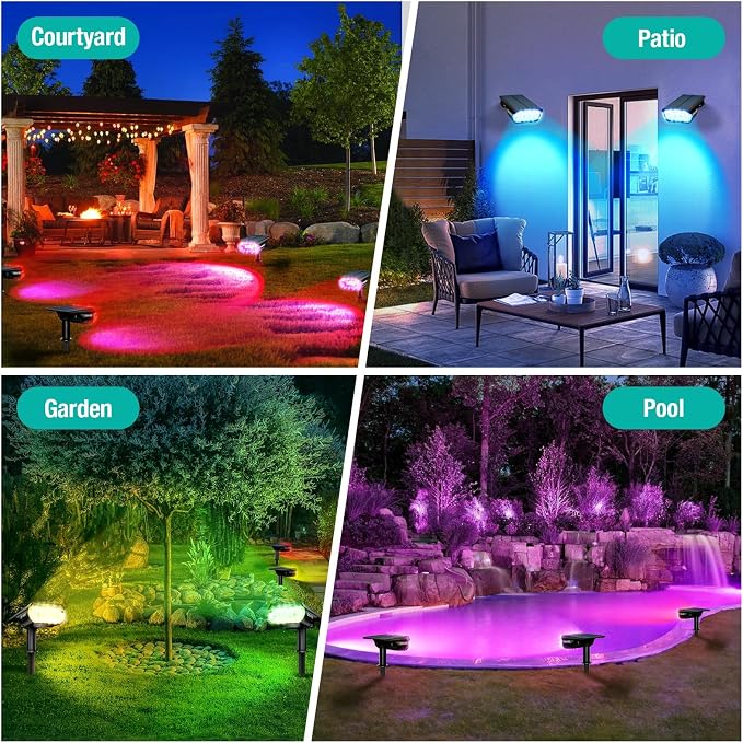 68 LEDs RGB Solar Spot Lights, 1000 Lumens 9 Lighting Modes Color Changing Solar Outdoor Lights, IP67 Waterproof 2-in-1 Landscape Garden Light for Yard Patio, 4 Pack